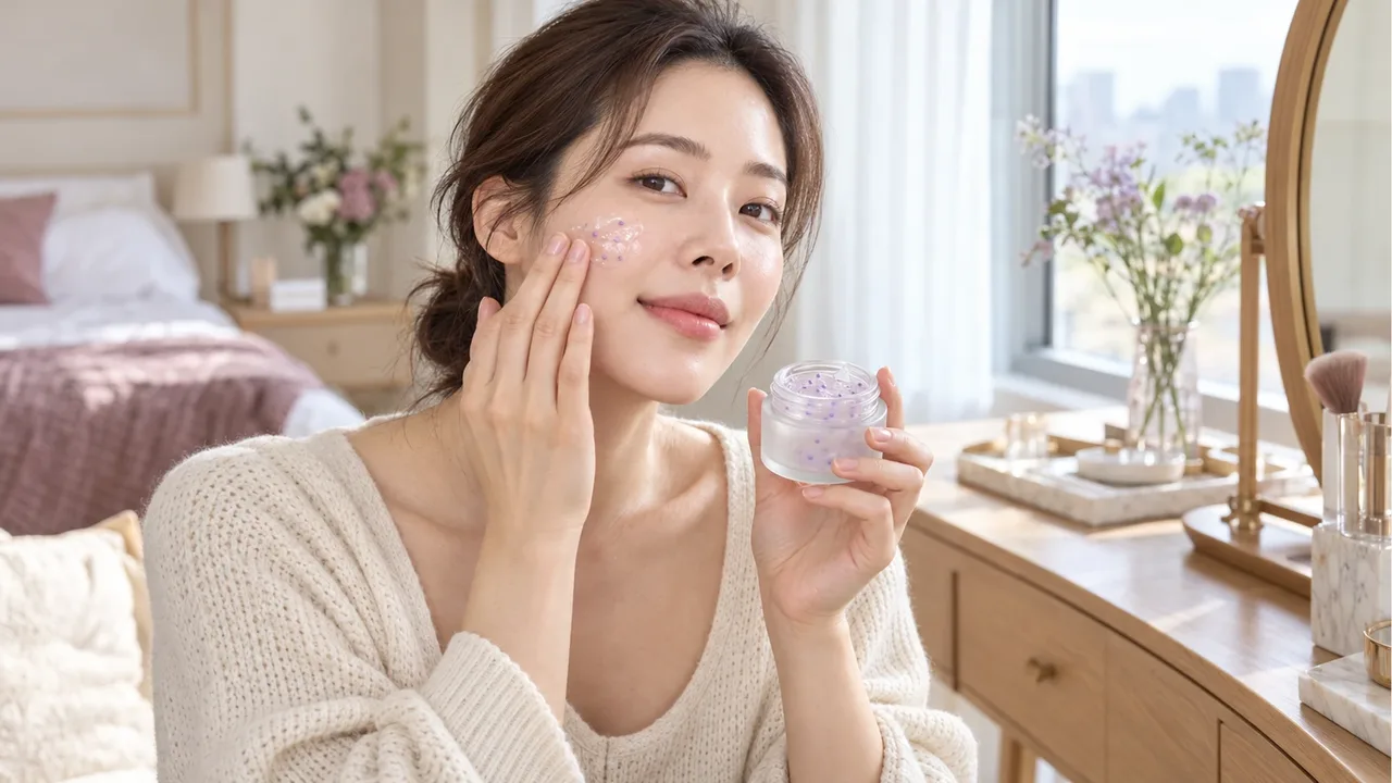 창가 화장대 앞에서 보라색 알갱이가 섞인 투명 젤 크림을 손끝으로 볼에 바르며 다른 손에 무상표 유리 크림 용기를 든 30대 한국 여성