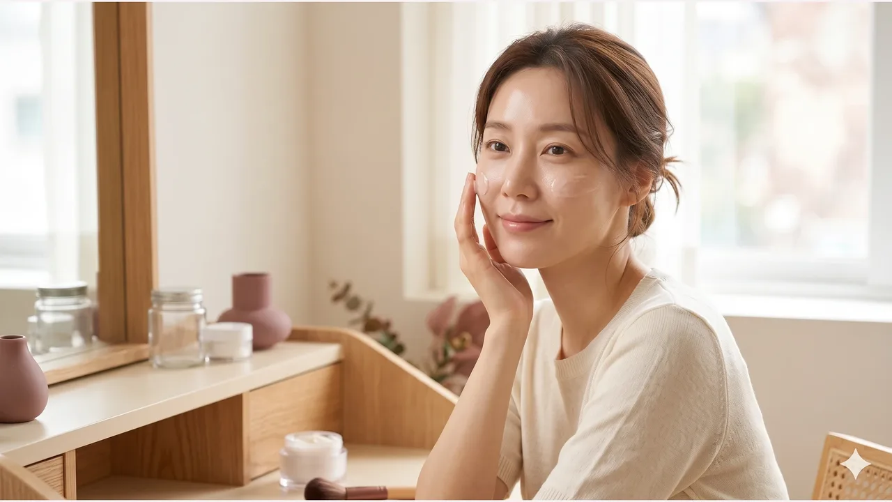 크림색 반소매 니트를 입은 30대 한국 여성이 아침 햇살이 드는 화장대 앞에서 손끝으로 볼에 크림을 펴 바르는 모습과 화장대 위 무상표 유리 크림 용기
