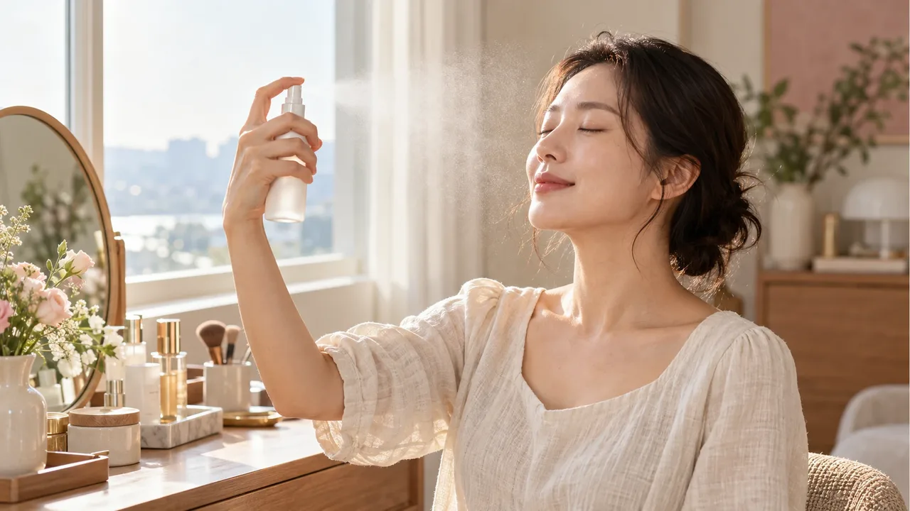 A Korean woman in her thirties by a bright window spraying a fine mist toward her face from a plain unbranded white spray bottle with her eyes closed, with flowers and brushes on the vanity