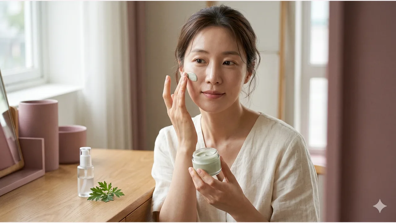 A woman in her thirties dabbing a pale green unbranded cream onto her cheek, with mugwort leaves and a clear pump serum bottle on the vanity