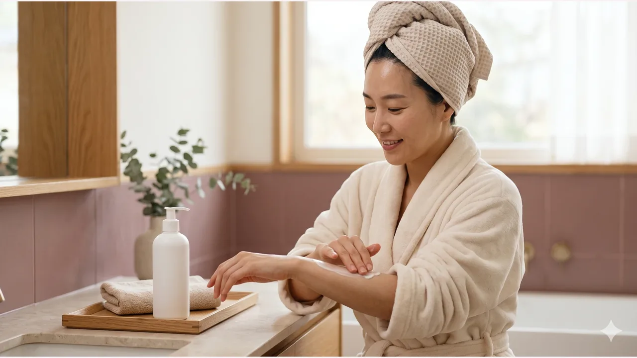 가운을 입고 머리에 수건을 두른 채 팔에 바디로션을 바르는 30대 한국 여성과 흰 펌프 용기, 나무 트레이의 수건