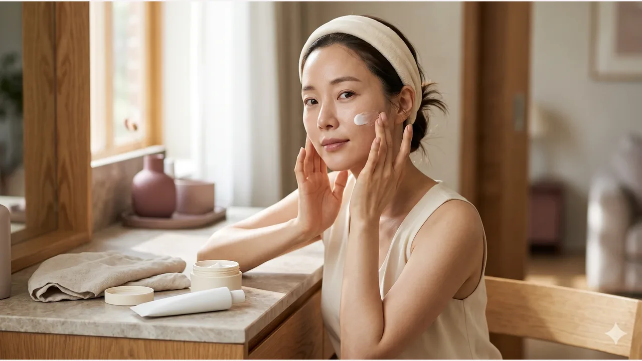 A woman in her thirties applying white cream to her cheek at a stone vanity, with an open cream jar, an unbranded tube, and a folded towel