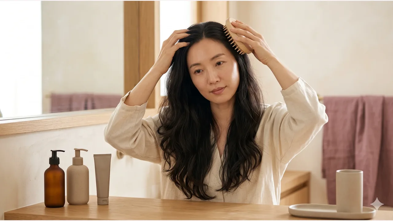 긴 머리의 30대 한국 여성이 나무 두피 브러시로 두피를 마사지하는 모습과 욕실 선반 위 무상표 펌프병·튜브
