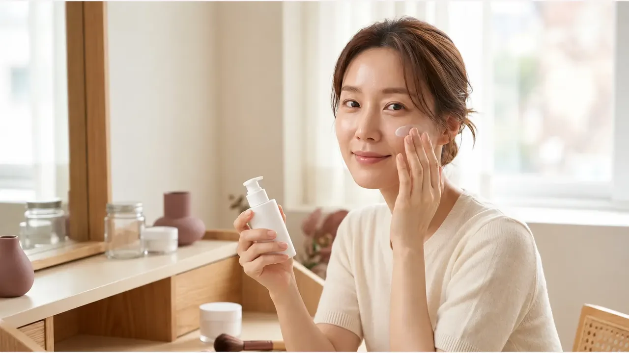 크림색 반소매 니트를 입은 한국 여성이 창가 오크 화장대 앞에서 한 손에 무상표 흰 펌프 용기를 들고 다른 손으로 볼에 크림을 펴 바르는 모습