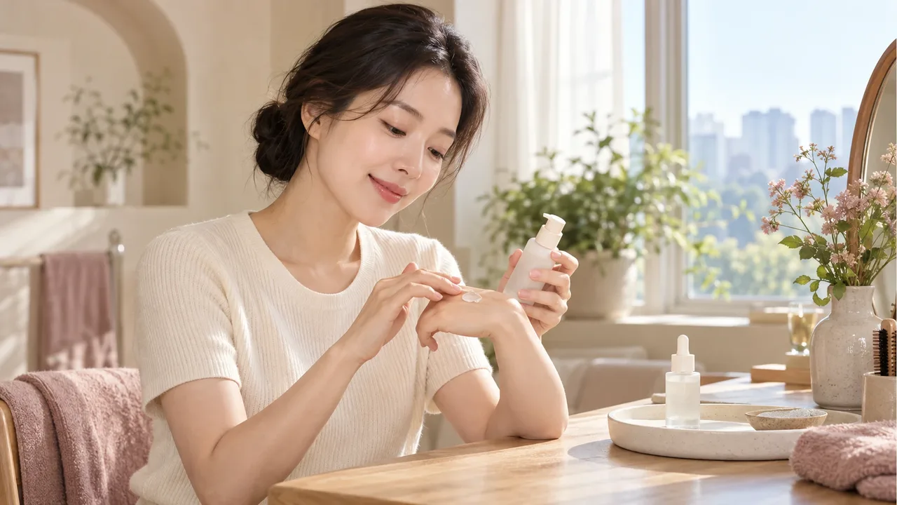 밝은 창가 오크 화장대 앞에서 크림색 니트를 입은 30대 한국 여성이 무상표 펌프 화장품 용기를 바라보며 손등의 수분 로션을 살피는 모습