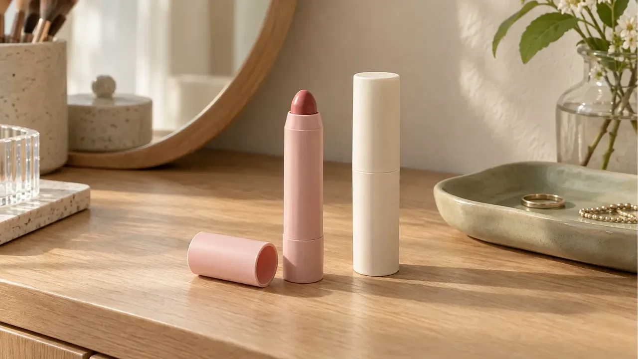 An open rose-colored lip crayon and a capped cream-colored balm on an oak dressing table, with a round mirror and sage tray behind them
