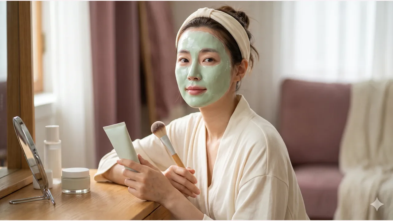 A woman in her thirties at a vanity with a pale jade peel-off mask on her face, holding an unbranded tube and a soft brush