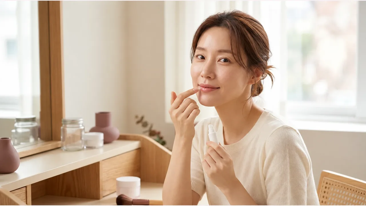 A Korean woman in a cream short-sleeve knit top sits at a window-side vanity, holding a plain unlabeled white tube in one hand and lightly dabbing her lower lip with the index finger of the other