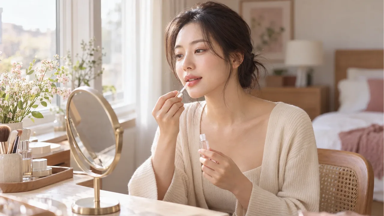 A Korean woman in her thirties at a window-side vanity applying a clear lip serum to her lower lip with the applicator of a small plain unbranded clear tube, beside a gold tabletop mirror